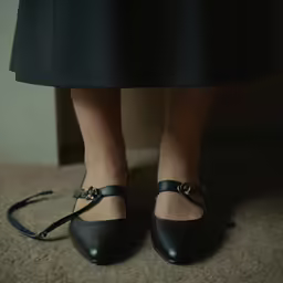 the woman in the skirt is wearing high heels