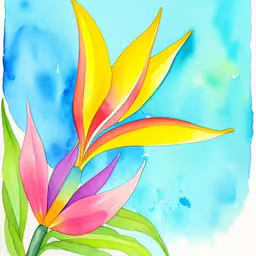 watercolor painting of a bird of paradise flower,painting of colorful flowers with watercolor splashes