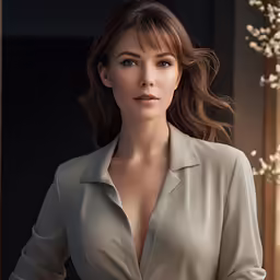 a woman with shoulder length hair standing in front of a window