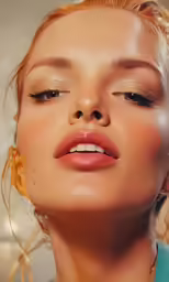 a woman with her eyes closed standing and staring