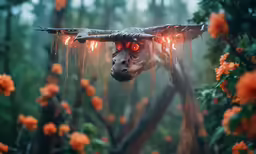 a dragon with red eyes stares at the camera