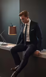 a man sitting on the edge of a desk in a suit