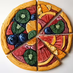 a colorful pizza with lots of toppings cut into pieces