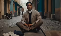 a man sitting in the street wearing a tan suit