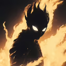 the character is wearing flames and glowing yellow eyes