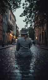 a woman sitting on the ground in the rain