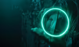 a woman with a neon circle around her head