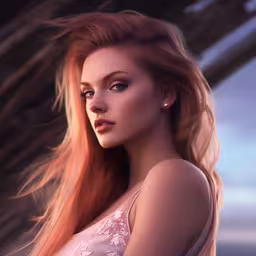 a woman with long red hair is posing for a photo,a realistic and realistic portrait of a woman