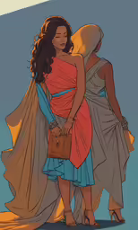 two people standing next to each other with an orange and blue cloth