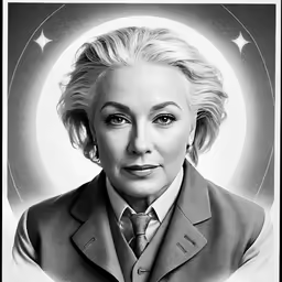 a portrait is shown of a woman in suit