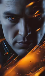 a man with red eyes looks toward the camera
