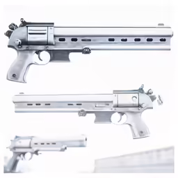two metal rifles hanging in the air from overhead