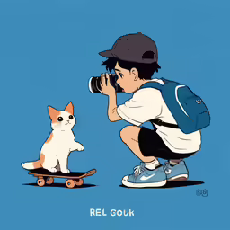 the cat is sitting on the skateboard and taking a photograph