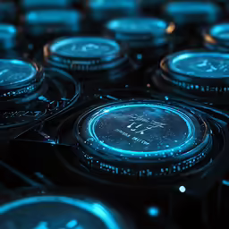 closeup of several blue - lit black coasters with clocks