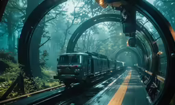a train is coming down some tracks through the trees