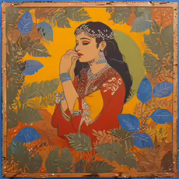 a painting of a woman wearing a colorful outfit