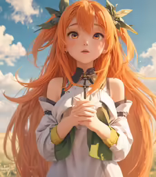 anime character with long red hair and flying bird in hand