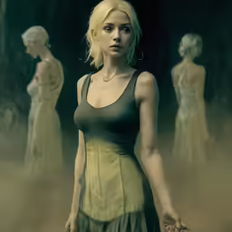 a woman standing in a dark place with another figure in the background