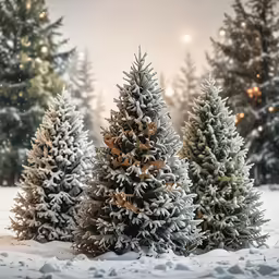 several snowy fir trees in a snowstorm