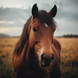 a large horse looking at the camera in a grassy field