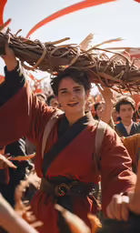a boy in a festival wears a costume and holds an animal head
