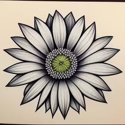 the image shows a closeup of a white flower,drawing of a large white flower with green center