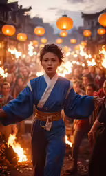 a child dressed in a japanese outfit is standing on the street