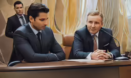two men wearing suits are at a desk with a microphone