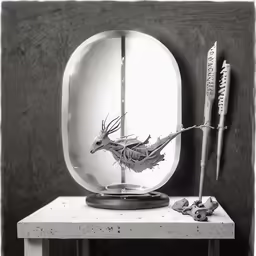 a metal bird sitting in a glass bowl on top of a table