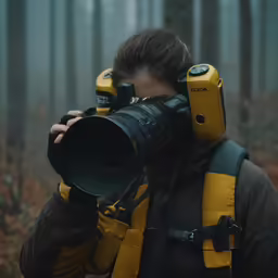 woman taking a picture with camera in the woods