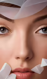 a woman with white feathers and lashes around her eyes
