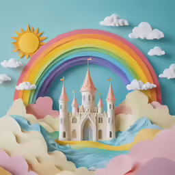 a rainbow with a castle on it in front of clouds
