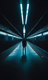 a man standing in a dark subway station