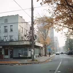 cars traveling down a city street on a foggy day