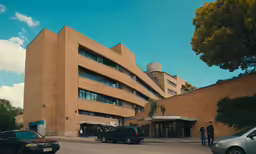 a tall building that has cars parked in front of it