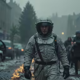 a person in an spacesuit standing on a rainy street