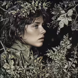 a young woman looks out through a bunch of tree branches