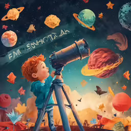 a boy looks up at the sky while using an astronomy telescope
