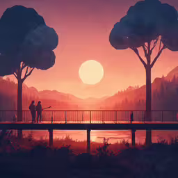 people are walking on a bridge over water,two people stand on a bridge, facing the distant sun