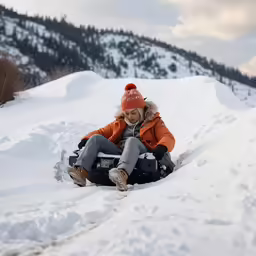 a woman in orange coat sitting in snow