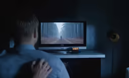 a man looking at a television in the dark