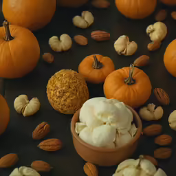pumpkins, nuts, and other autumn produce displayed in the background