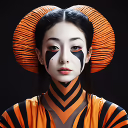 an asian woman with black and orange makeup has white lines painted on her face