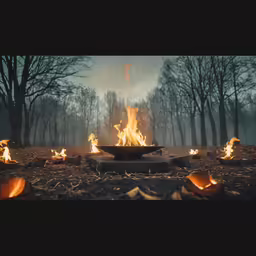 several orange fire pits are lit up in the woods