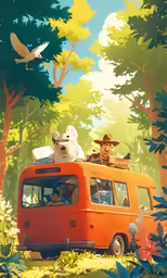 the red van has two polar bears riding on top