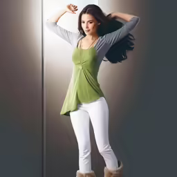 a beautiful young woman dressed in white and green posing for a photograph
