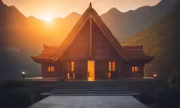 the sun is rising over a mountain hut