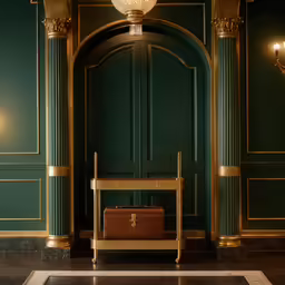 a luxurious bathroom with an oval table and antique furniture
