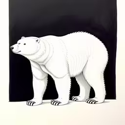 a white bear is standing in the dark,a black and white print of a polar bear,an illustrated drawing of a polar bear in front of a black background,the large bear is in front of a black and white background,a white polar bear stands in front of a black backdrop