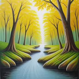 a painting of a pathway with many trees by the side,a painting of a road in the middle of a green area,a painting with green trees and water,a painting of an image of a road with trees,a painting of a tree lined forest with water
